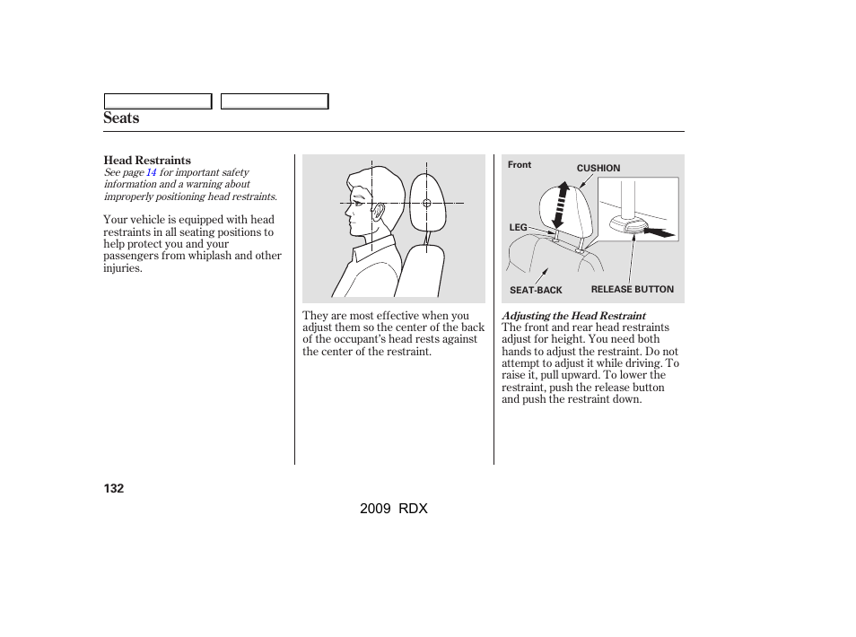 Seats, 2009 rdx | Acura 2009 RDX User Manual | Page 136 / 433