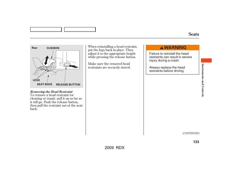 Seats, 2009 rdx | Acura 2009 RDX User Manual | Page 137 / 433