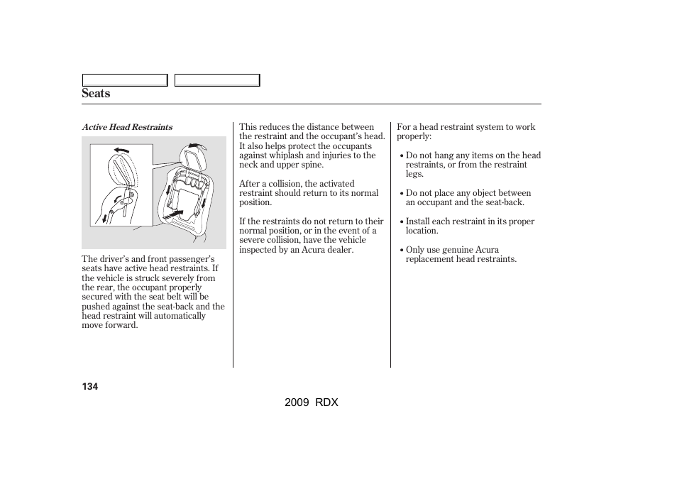 Seats | Acura 2009 RDX User Manual | Page 138 / 433