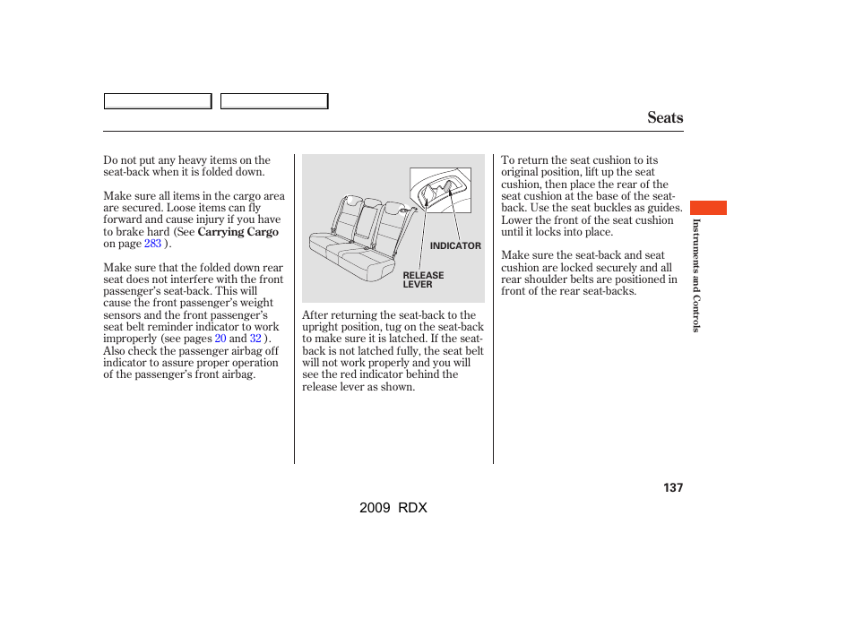 Seats, 2009 rdx | Acura 2009 RDX User Manual | Page 141 / 433