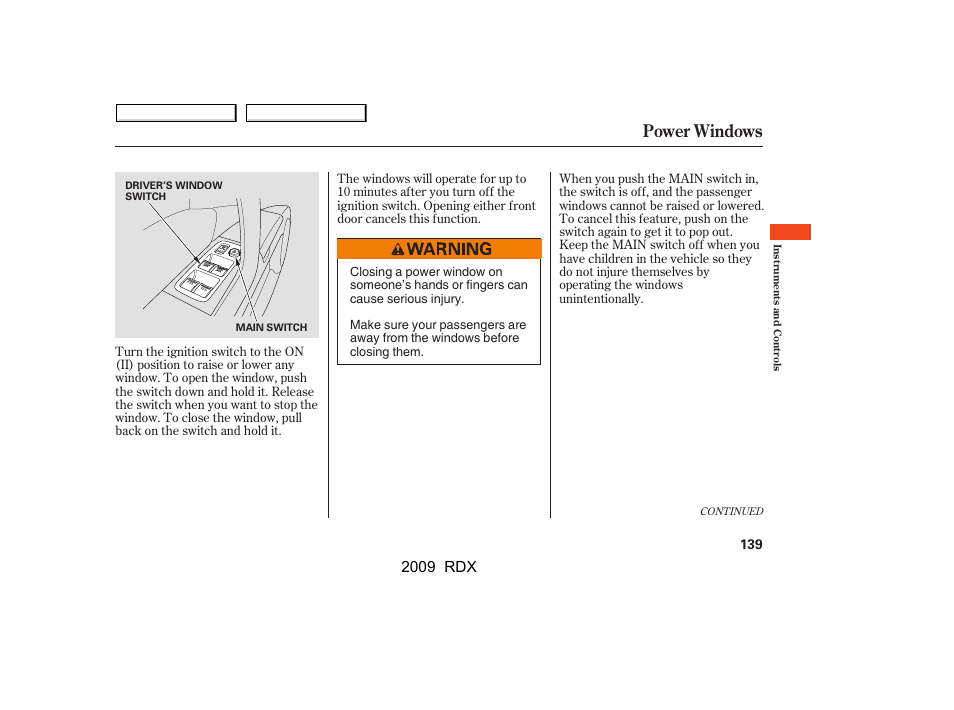 Power windows, 2009 rdx | Acura 2009 RDX User Manual | Page 143 / 433