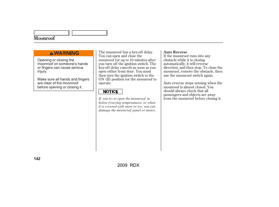 Moonroof | Acura 2009 RDX User Manual | Page 146 / 433