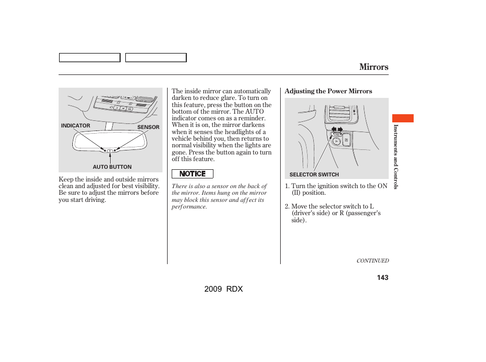 Mirrors, 2009 rdx | Acura 2009 RDX User Manual | Page 147 / 433