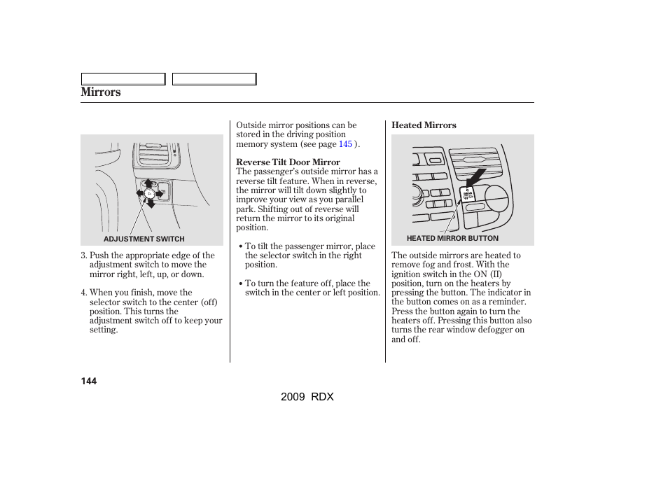 Mirrors | Acura 2009 RDX User Manual | Page 148 / 433