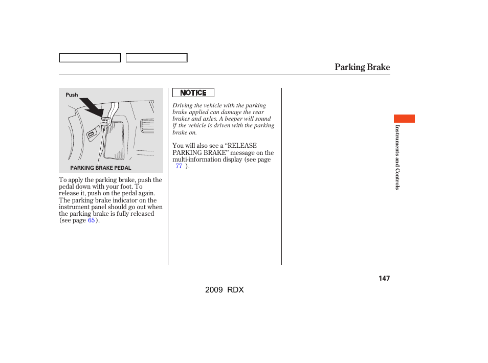 Parking brake, 2009 rdx | Acura 2009 RDX User Manual | Page 151 / 433