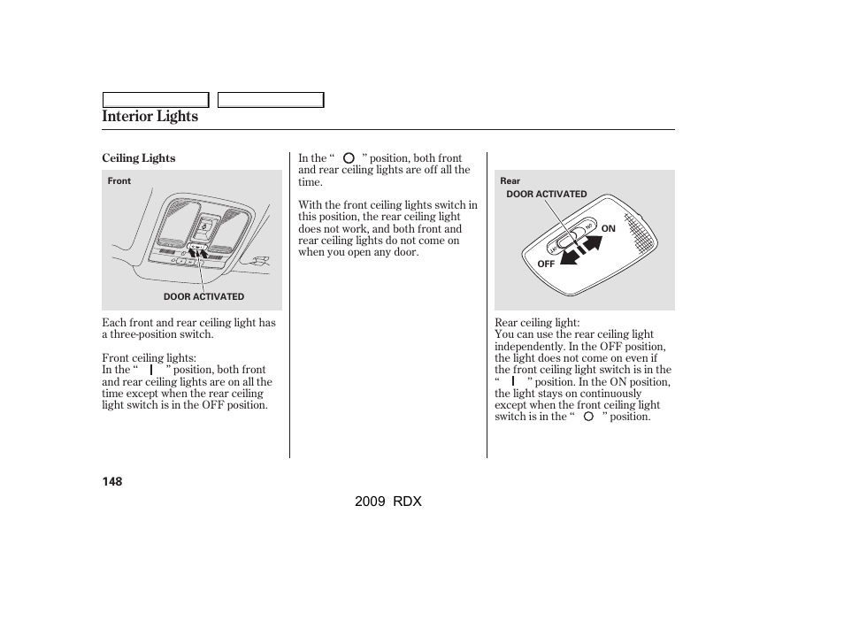 Interior lights | Acura 2009 RDX User Manual | Page 152 / 433