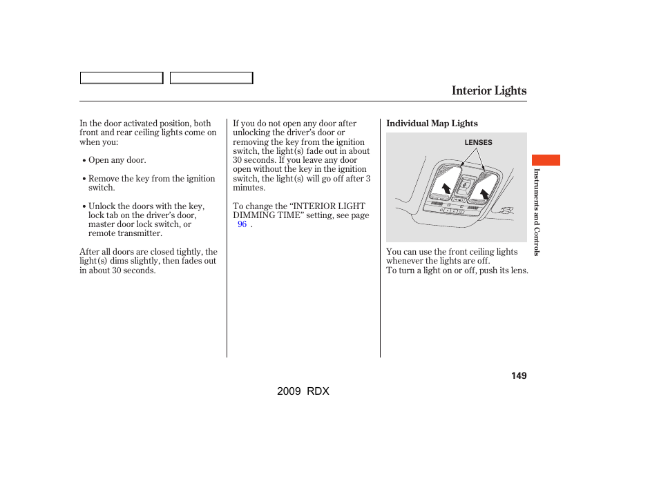 Interior lights, 2009 rdx | Acura 2009 RDX User Manual | Page 153 / 433