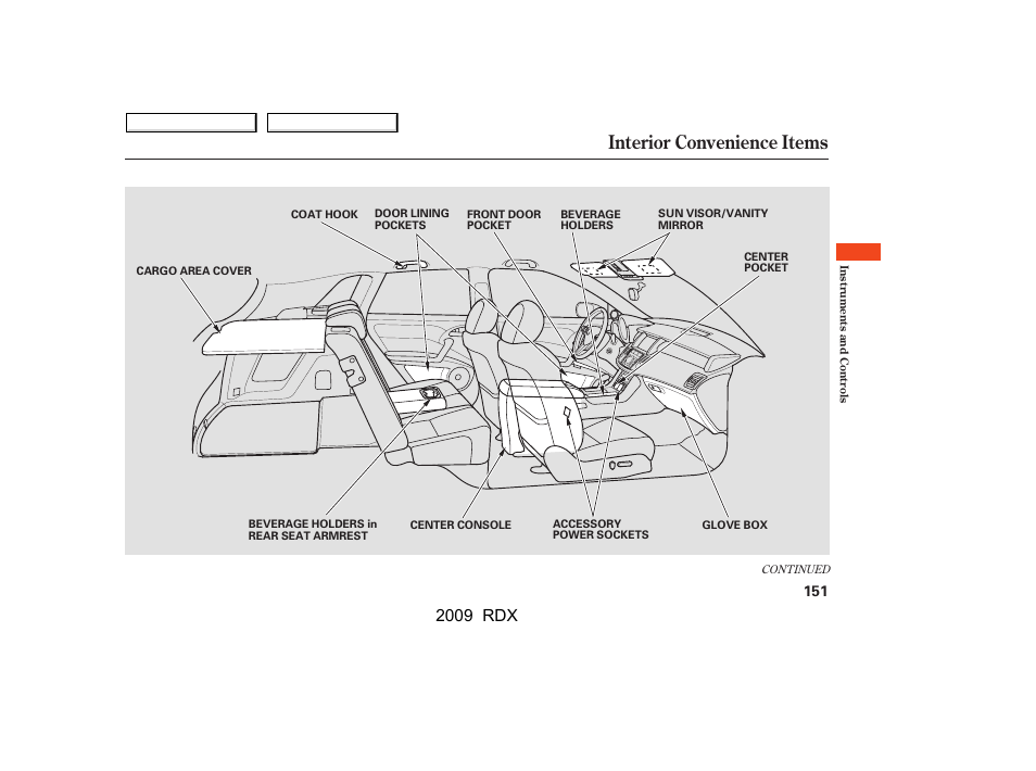Interior convenience items, 2009 rdx | Acura 2009 RDX User Manual | Page 155 / 433