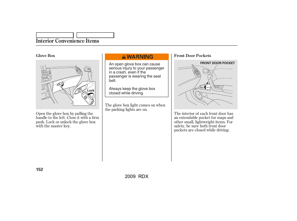 Interior convenience items | Acura 2009 RDX User Manual | Page 156 / 433