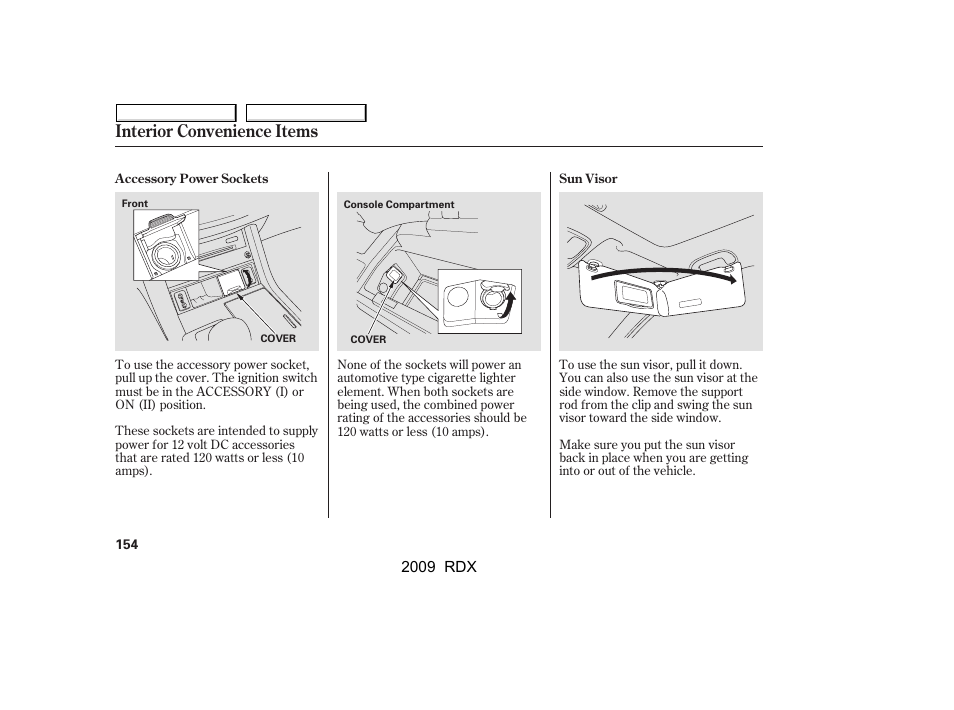 Interior convenience items | Acura 2009 RDX User Manual | Page 158 / 433