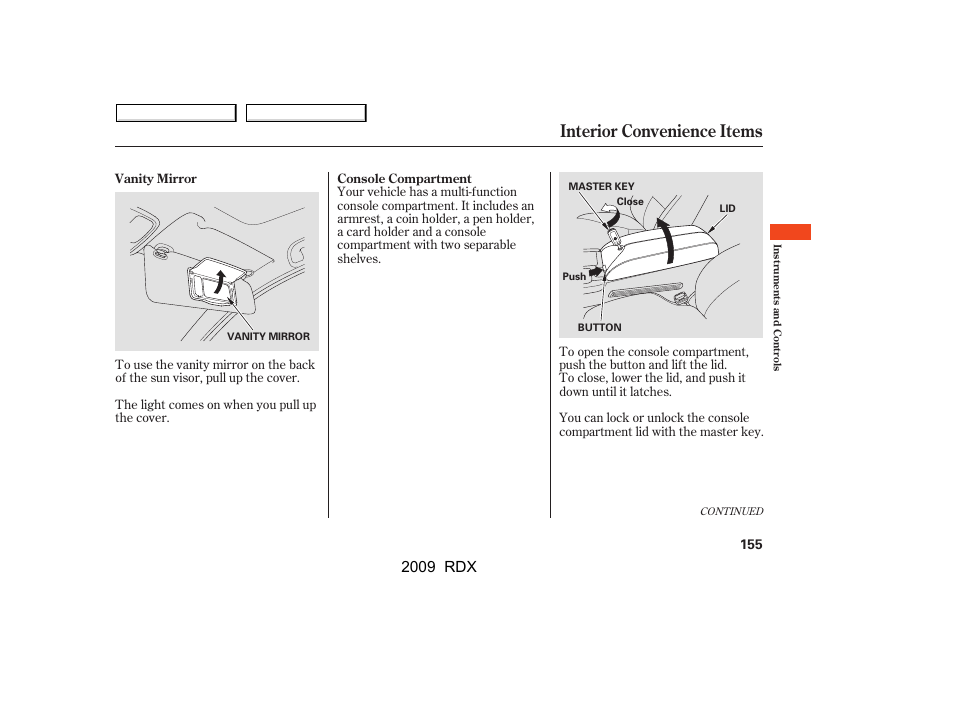 Interior convenience items, 2009 rdx | Acura 2009 RDX User Manual | Page 159 / 433