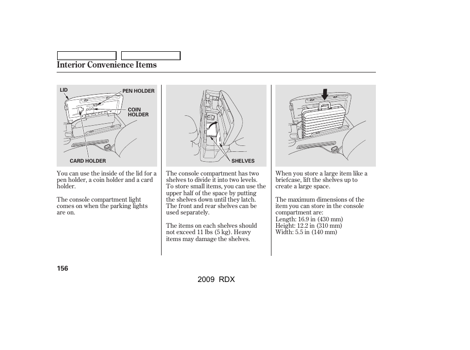 Interior convenience items | Acura 2009 RDX User Manual | Page 160 / 433