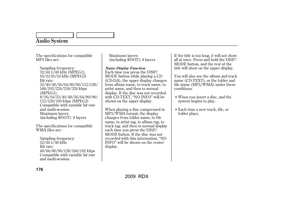 Audio system | Acura 2009 RDX User Manual | Page 182 / 433