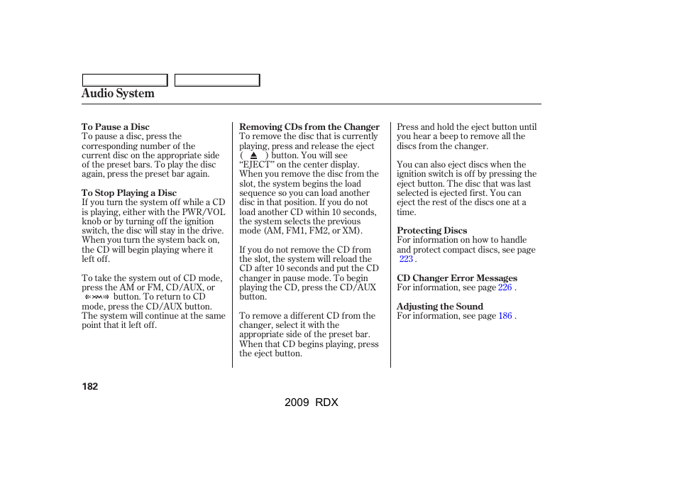 Audio system | Acura 2009 RDX User Manual | Page 186 / 433