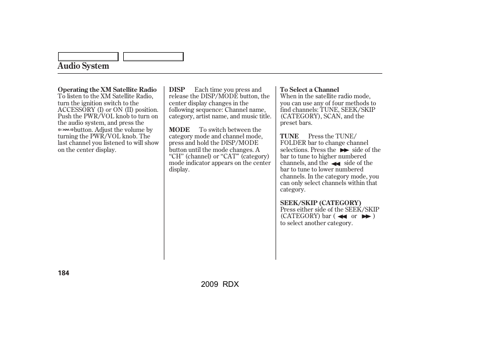 Audio system | Acura 2009 RDX User Manual | Page 188 / 433