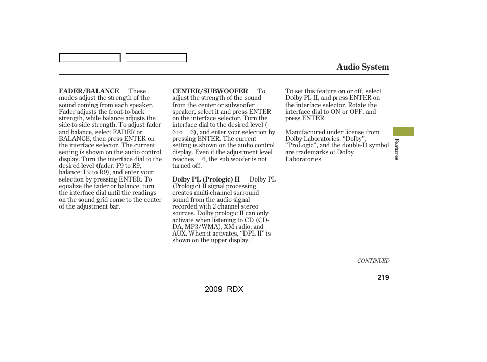 Audio system | Acura 2009 RDX User Manual | Page 223 / 433