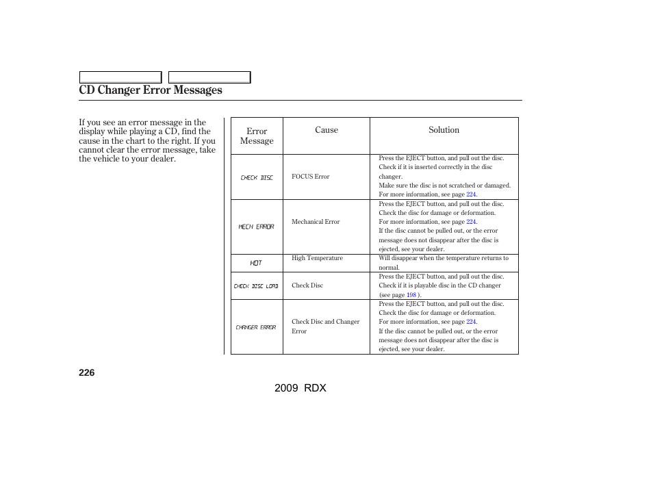 Cd changer error messages, 2009 rdx | Acura 2009 RDX User Manual | Page 230 / 433