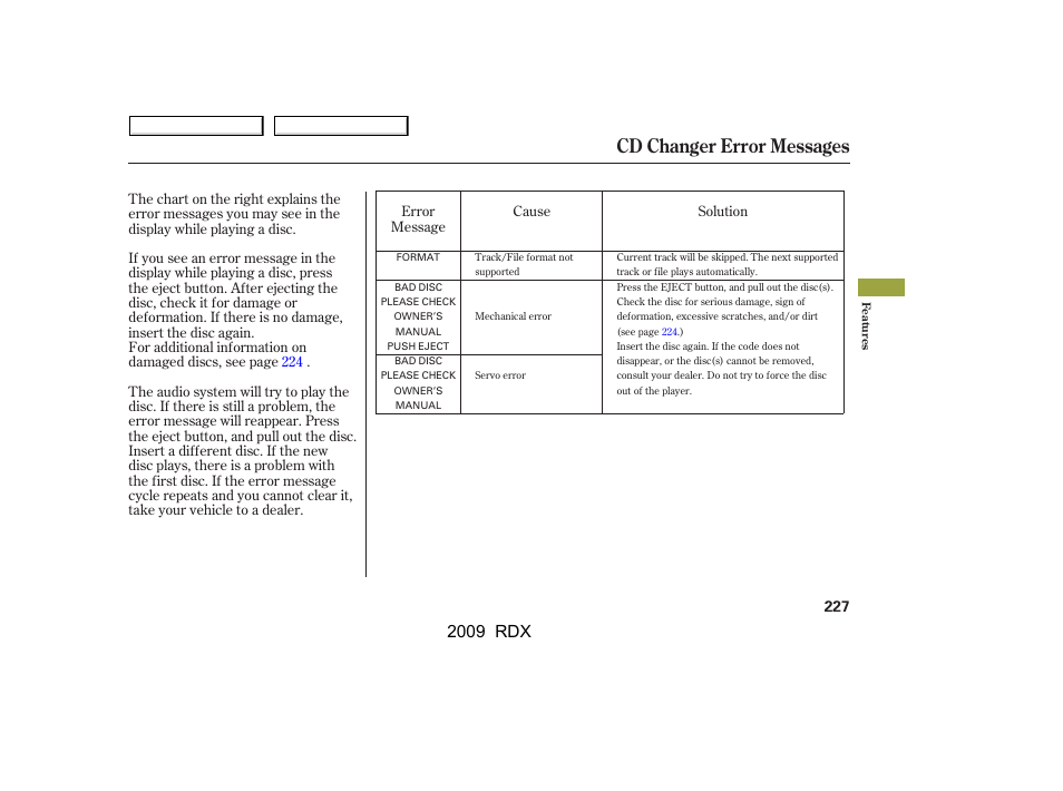 Cd changer error messages, 2009 rdx | Acura 2009 RDX User Manual | Page 231 / 433