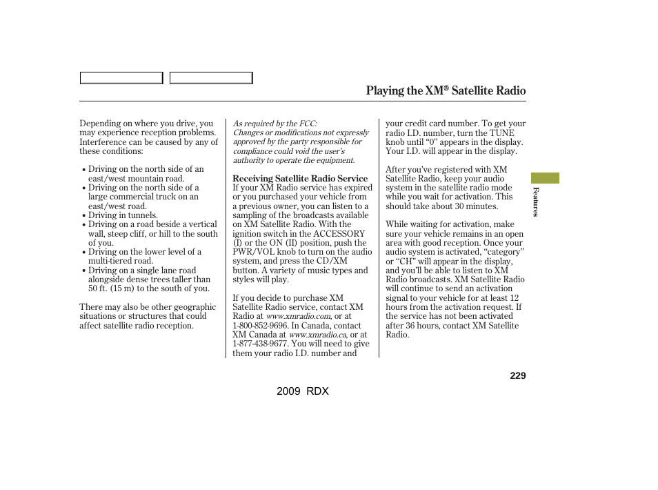 Playing the xm satellite radio | Acura 2009 RDX User Manual | Page 233 / 433