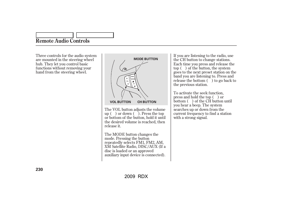 Remote audio controls | Acura 2009 RDX User Manual | Page 234 / 433