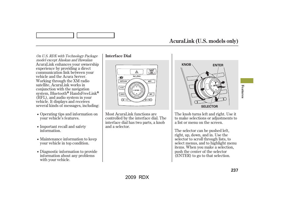 Acuralink (u.s. models only), 2009 rdx | Acura 2009 RDX User Manual | Page 241 / 433