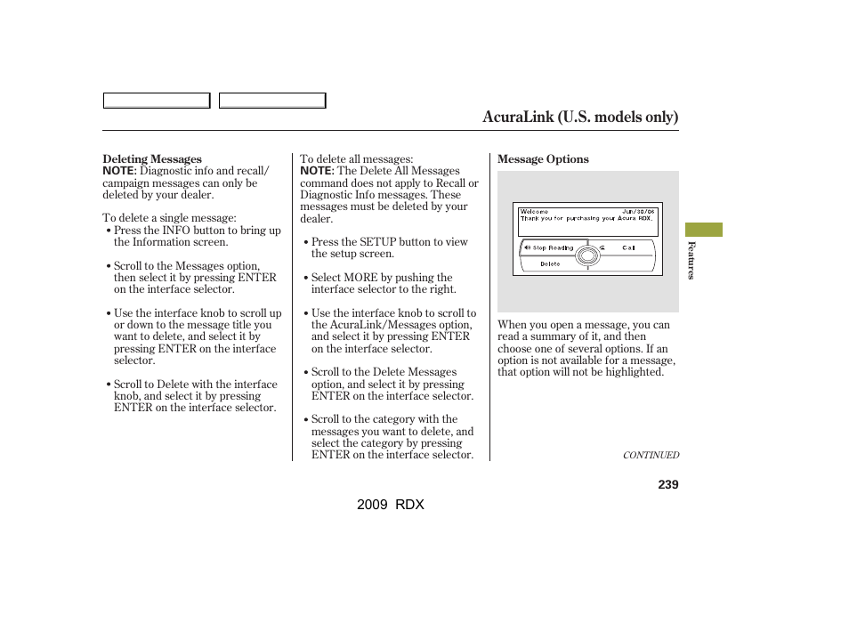 Acuralink (u.s. models only) | Acura 2009 RDX User Manual | Page 243 / 433