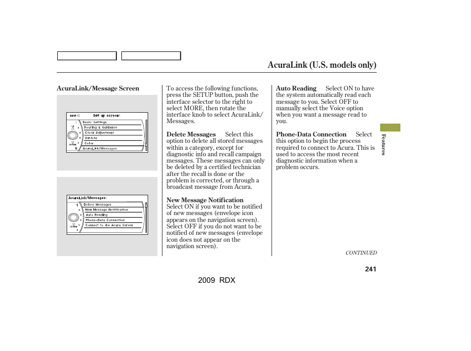 Acuralink (u.s. models only) | Acura 2009 RDX User Manual | Page 245 / 433