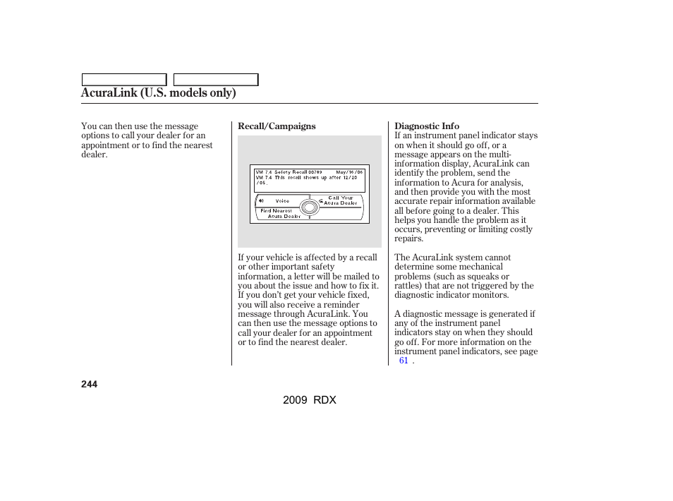 Acuralink (u.s. models only) | Acura 2009 RDX User Manual | Page 248 / 433