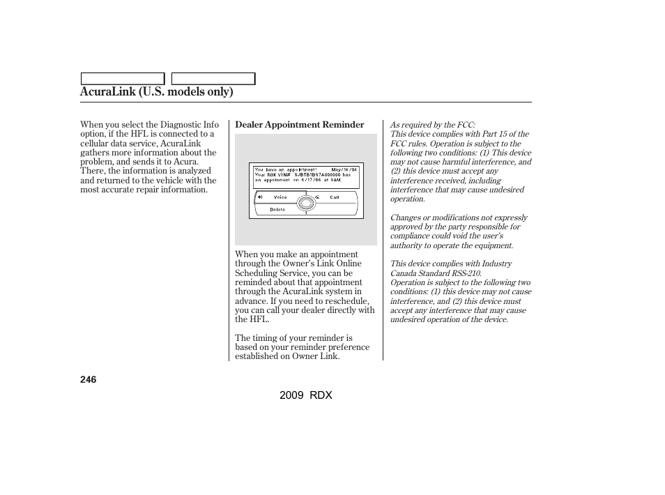 Acuralink (u.s. models only) | Acura 2009 RDX User Manual | Page 250 / 433