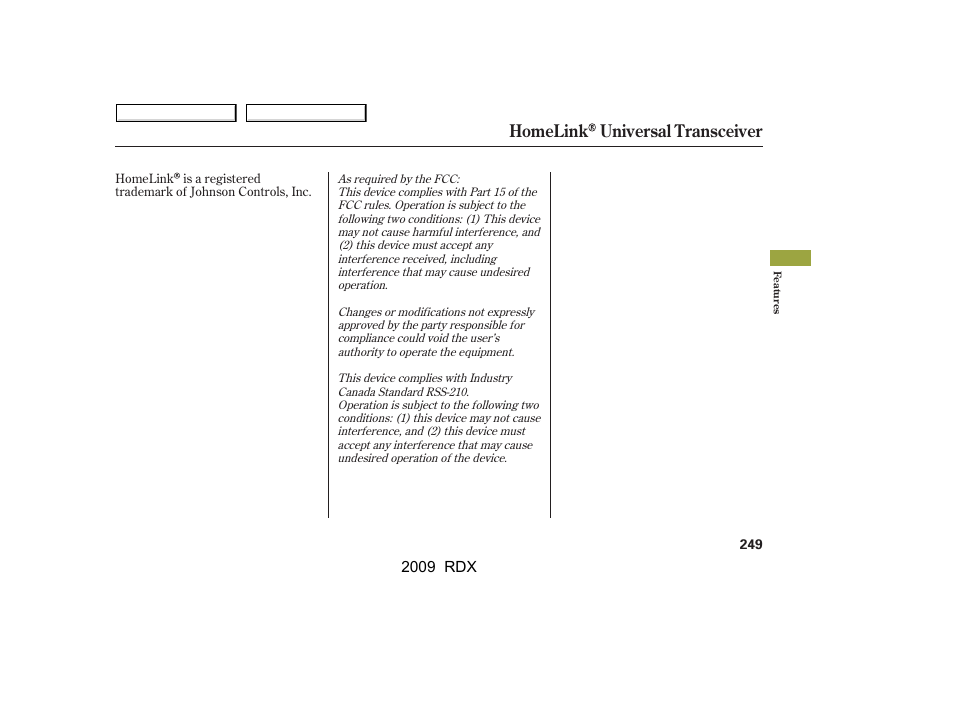 Homelink universal transceiver, 2009 rdx | Acura 2009 RDX User Manual | Page 253 / 433