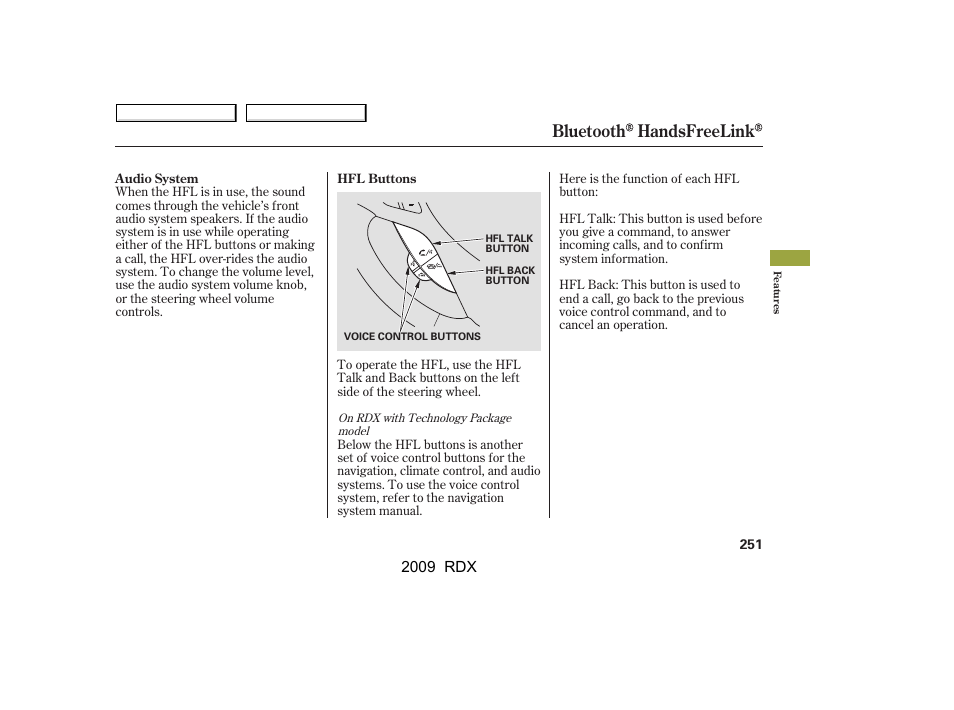 Bluetooth handsfreelink, 2009 rdx | Acura 2009 RDX User Manual | Page 255 / 433