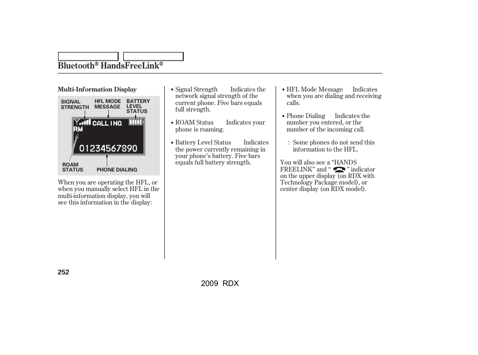 Bluetooth handsfreelink | Acura 2009 RDX User Manual | Page 256 / 433