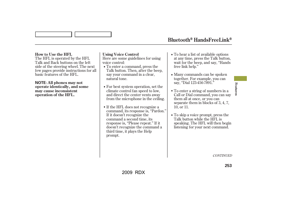 Bluetooth handsfreelink | Acura 2009 RDX User Manual | Page 257 / 433