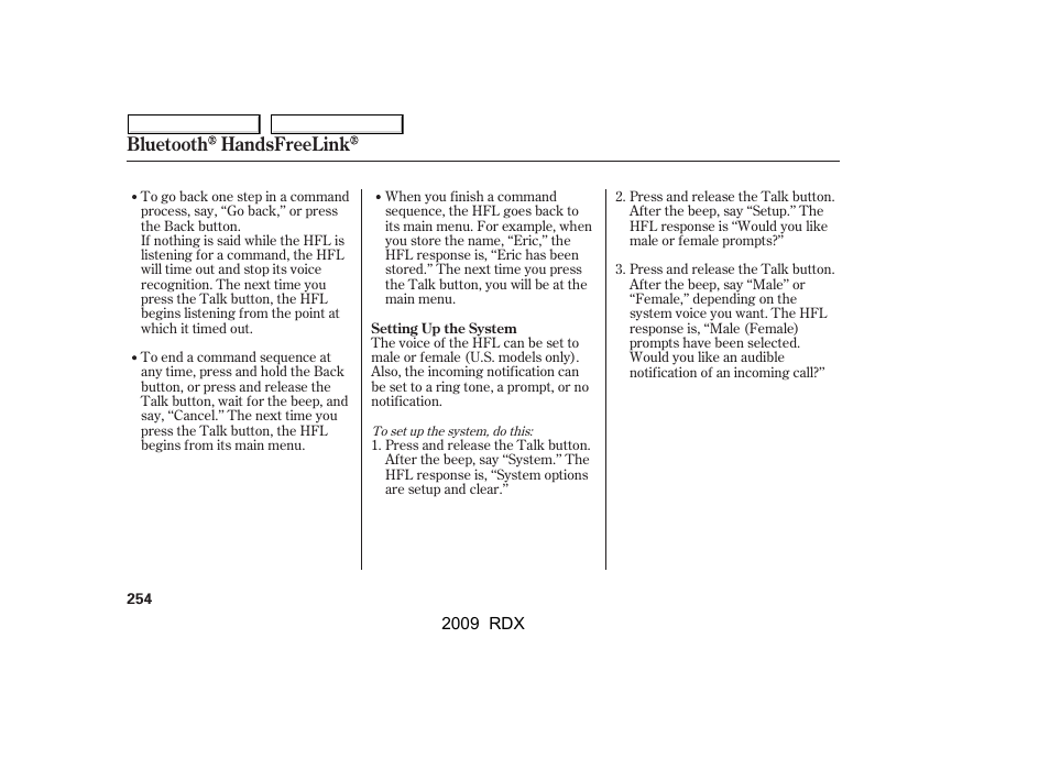 Bluetooth handsfreelink | Acura 2009 RDX User Manual | Page 258 / 433