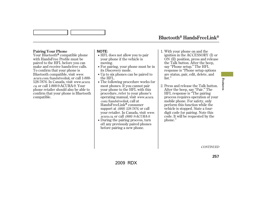 Bluetooth handsfreelink | Acura 2009 RDX User Manual | Page 261 / 433