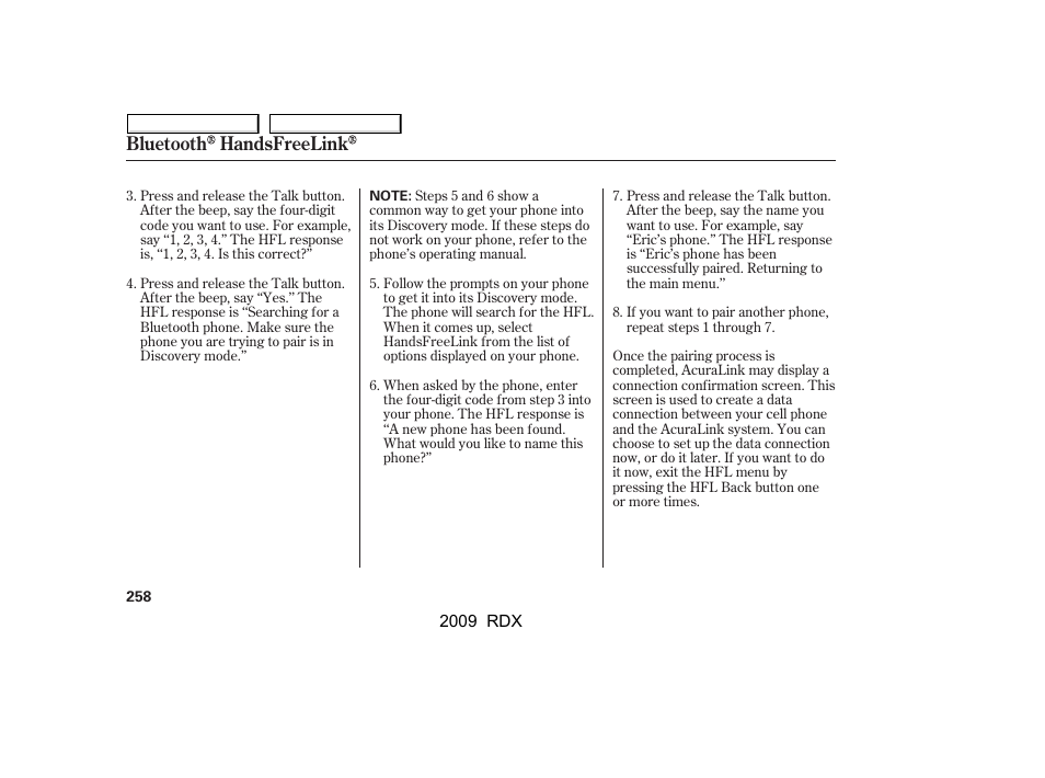 Bluetooth handsfreelink | Acura 2009 RDX User Manual | Page 262 / 433