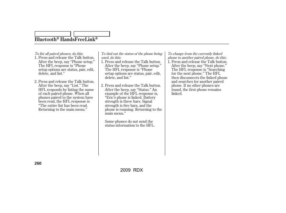 Bluetooth handsfreelink | Acura 2009 RDX User Manual | Page 264 / 433