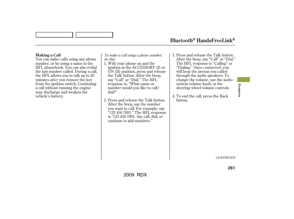 Bluetooth handsfreelink | Acura 2009 RDX User Manual | Page 265 / 433