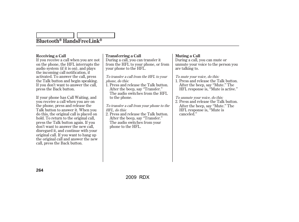 Bluetooth handsfreelink | Acura 2009 RDX User Manual | Page 268 / 433
