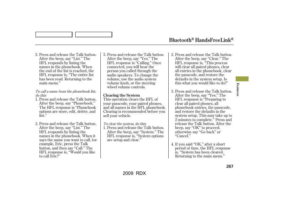 Bluetooth handsfreelink | Acura 2009 RDX User Manual | Page 271 / 433