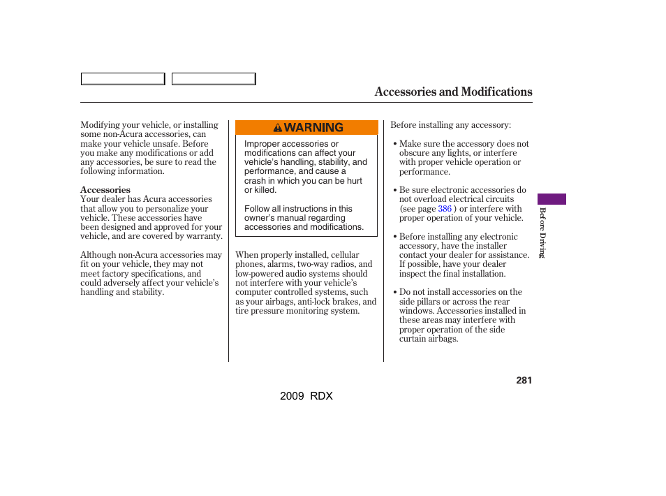 Accessories and modifications | Acura 2009 RDX User Manual | Page 285 / 433