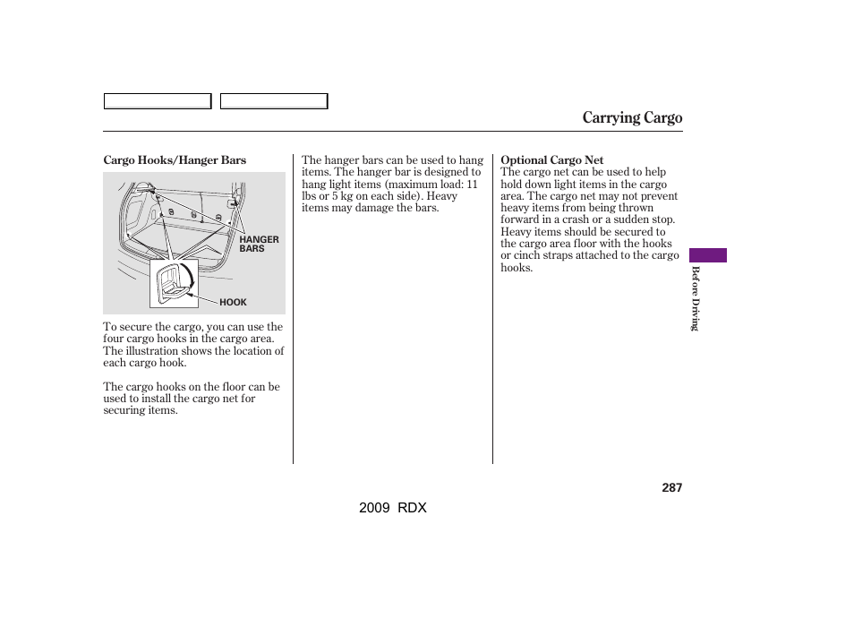 Carrying cargo, 2009 rdx | Acura 2009 RDX User Manual | Page 291 / 433