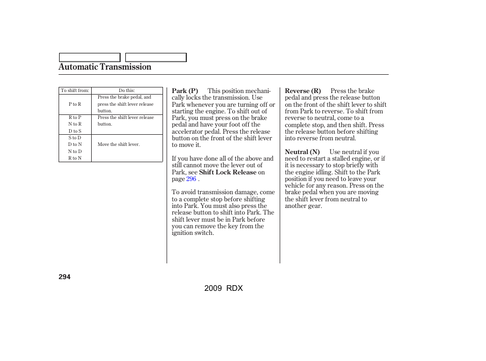 Automatic transmission, 2009 rdx | Acura 2009 RDX User Manual | Page 298 / 433