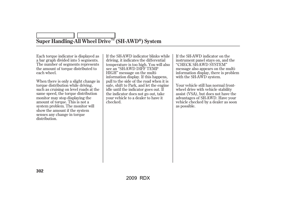 Super handling-all wheel drive (sh-awd ) system | Acura 2009 RDX User Manual | Page 306 / 433