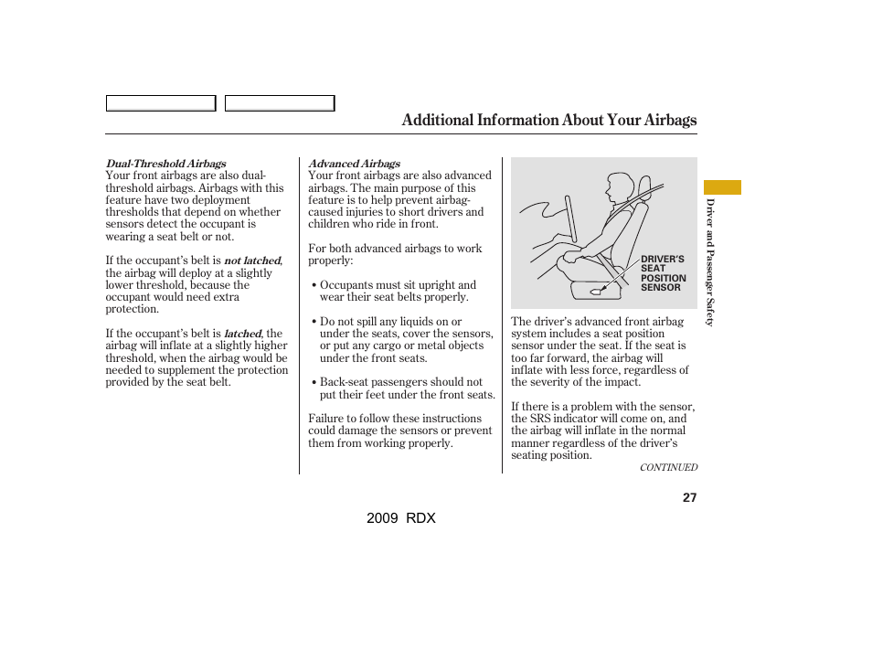 Additional information about your airbags, 2009 rdx | Acura 2009 RDX User Manual | Page 31 / 433