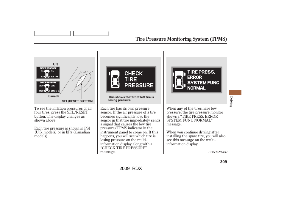 Tire pressure monitoring system (tpms), 2009 rdx | Acura 2009 RDX User Manual | Page 313 / 433