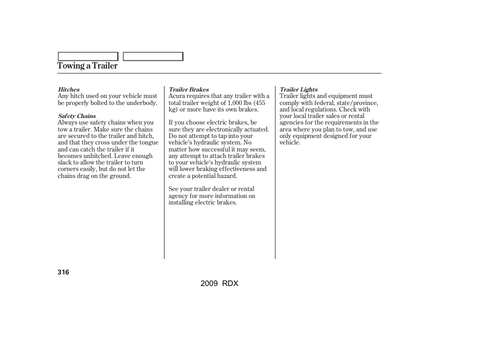 Towing a trailer | Acura 2009 RDX User Manual | Page 320 / 433