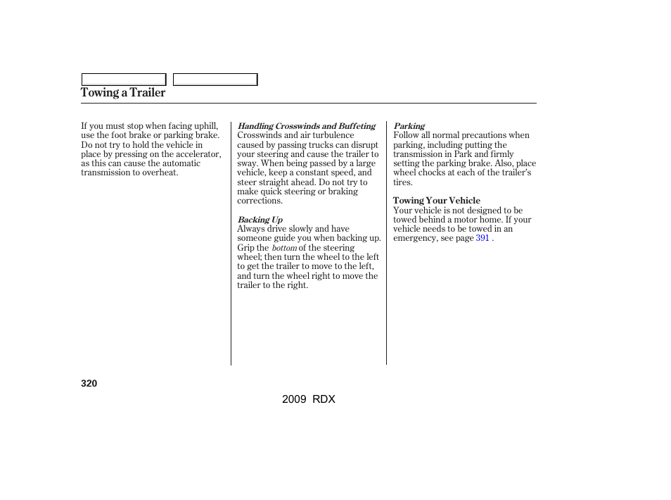 Towing a trailer | Acura 2009 RDX User Manual | Page 324 / 433