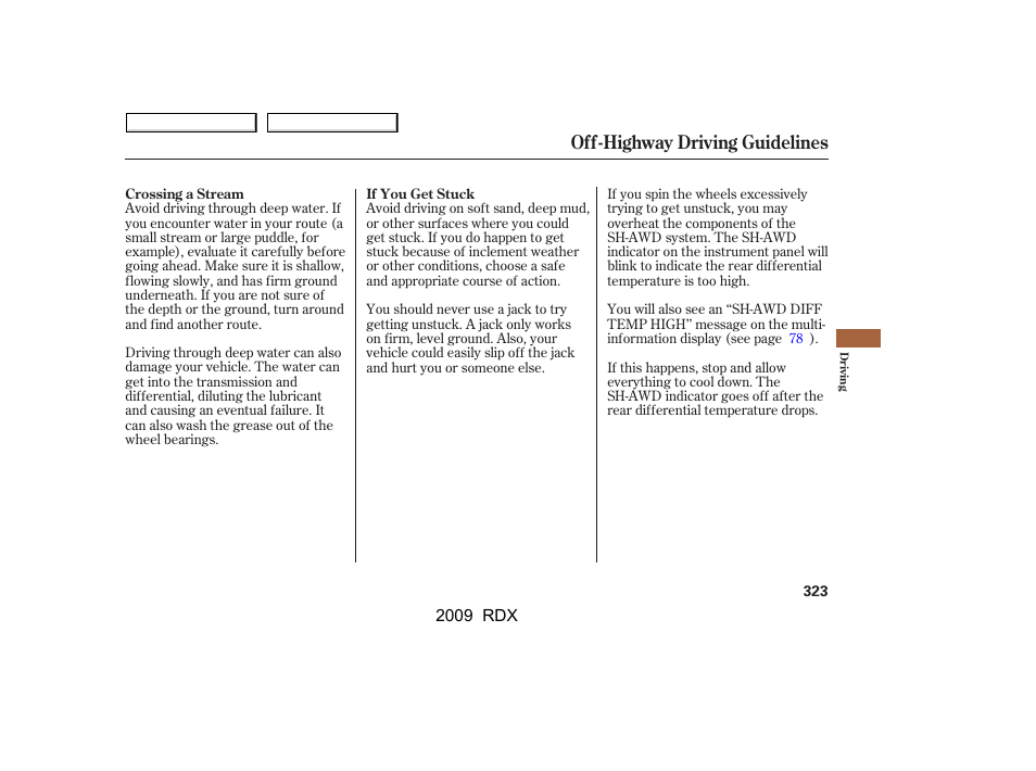 Off-highway driving guidelines | Acura 2009 RDX User Manual | Page 327 / 433