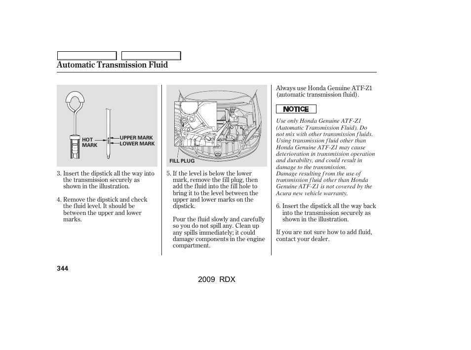 Automatic transmission fluid | Acura 2009 RDX User Manual | Page 348 / 433